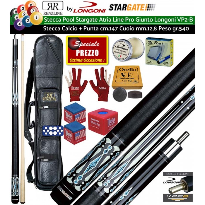 Stecca Pool 15 palle . Stargate Atria 1 Pro, stecca smontabile, L. cm.147. Punta in acero, cuoio m.12,8, peso 540gr/19oz con Fodero porta stecca  Fred, accessori, ricambi e omaggio.