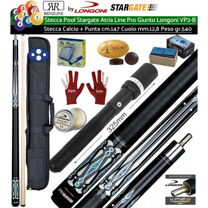 Stecca Pool 15 palle . Stargate Atria 1 Pro, stecca smontabile, lunghezza cm.147. Punta in acero, cuoio m.12,8, peso 540gr/19oz  con fodero Duke 2+2, prolunga, accessori, ricambi e omaggio.