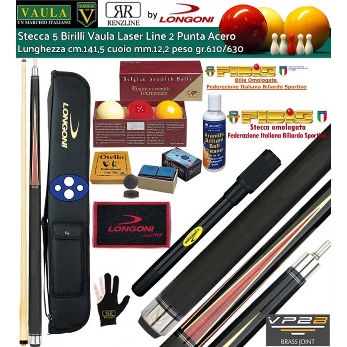 Stecca biliardo 5-9 birilli  Vaula Laser 2 basic omologata FIBIS. Smontabile 2pz L. cm.141, 5 punta acero cuoio m.12,2 abbinata ad un set bilie Aramith Tournament 5 birilli m.61,5 omologate FIBIS, Fodero e Prolunga Longoni