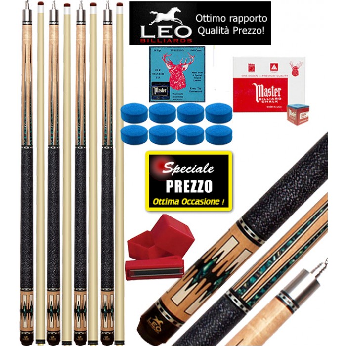 Biliardo Pool quattro stecche semipro Leo Billiards Star Barton, smontabile 2pz. lunghezza cm.147. Punta in acero con cuoio diametro m.12,8, con 8 cuoi Elk Master di ricambio e un porta gesso magnetico. Offerta speciale per corredare il Vostro biliardo