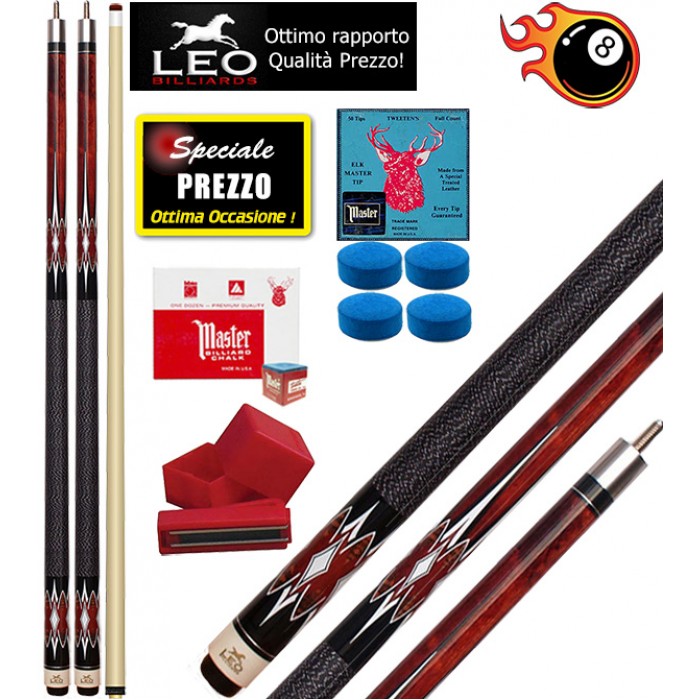 Biliardo Pool due (2) stecche semipro Leo Billiards Vip Crono smontabile 2pz. lunghezza cm.147. Punta in acero con cuoio diametro m.12,8, con 8 cuoi Elk Master di ricambio e un porta gesso magnetico. Offerta speciale per corredare il Vostro biliardo